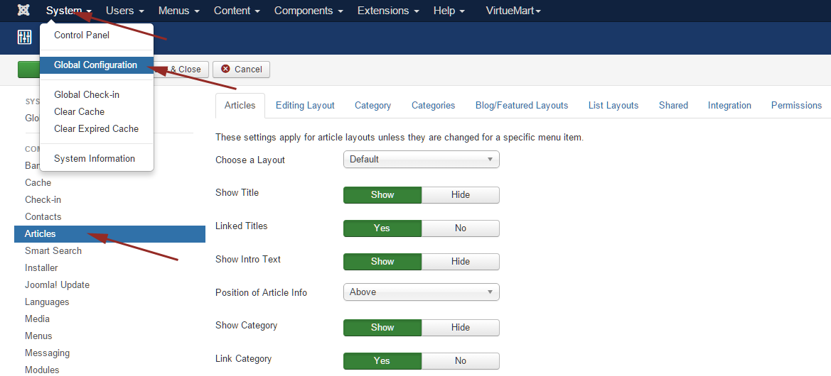 Joomla Articles Options Configuration -