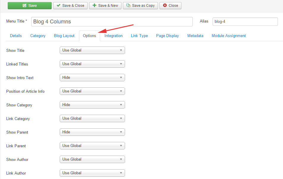 joomla blog options