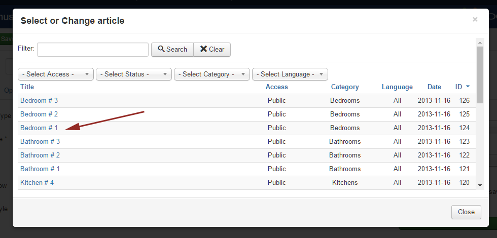 joomla select article from the list