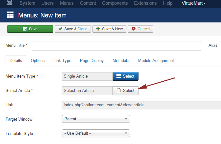 joomla select single article menu item