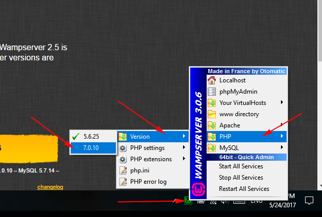 wamp change php version command line